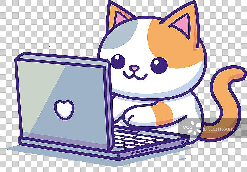 可爱的卡通猫在笔记本电脑上打字，快乐的小猫咪图片素材