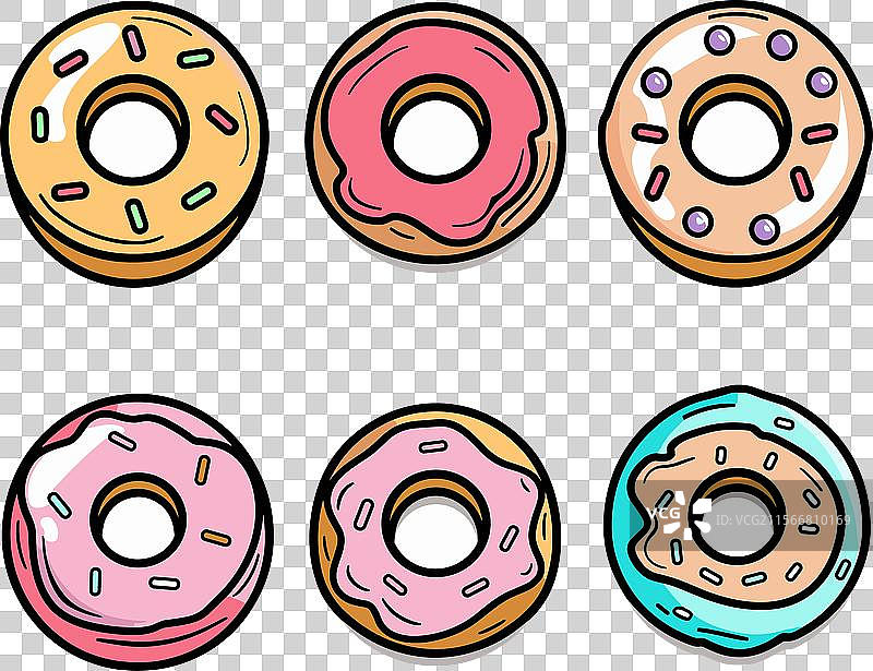 六种不同糖霜的手绘甜甜圈图片素材