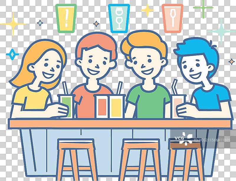 一群年轻人在酒吧享受饮品，两名男性。图片素材