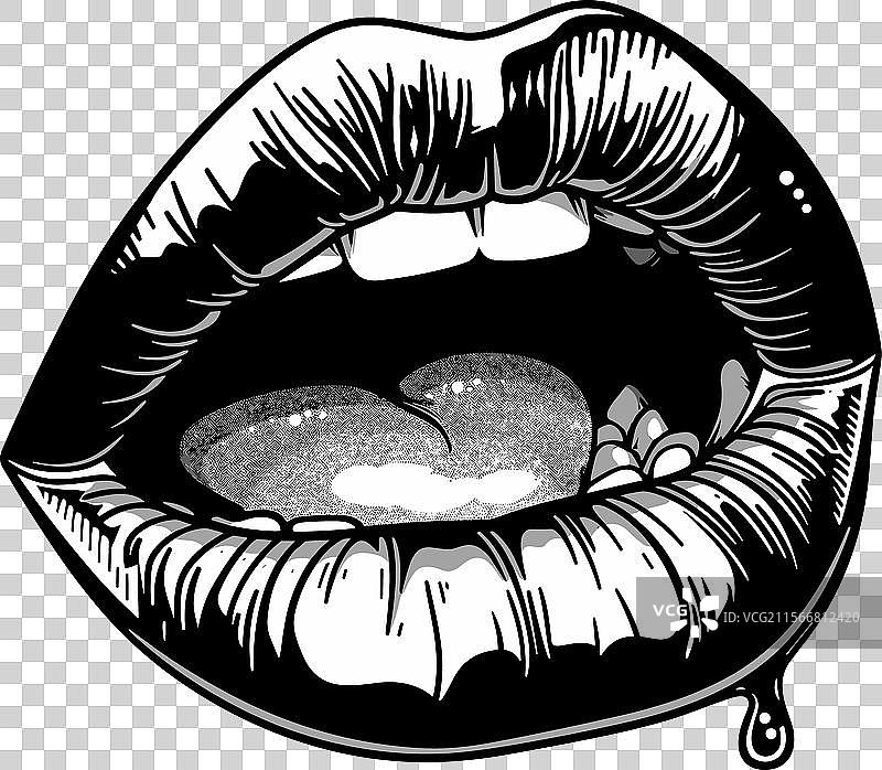 黑白画作，性感的嘴唇微微张开图片素材