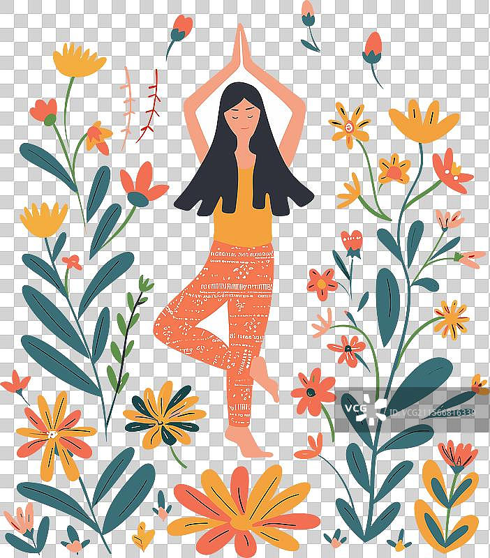 女人在植物和花朵环绕中练习瑜伽图片素材
