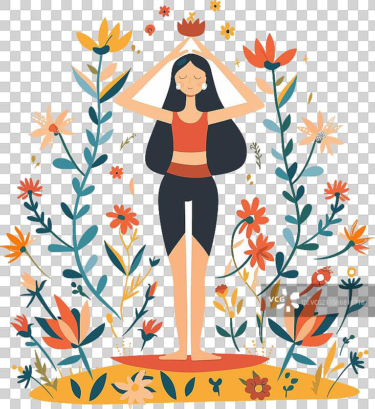 女人在五彩缤纷的花朵中练习瑜伽图片素材