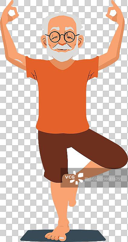 老年男性角色在练习平衡瑜伽图片素材