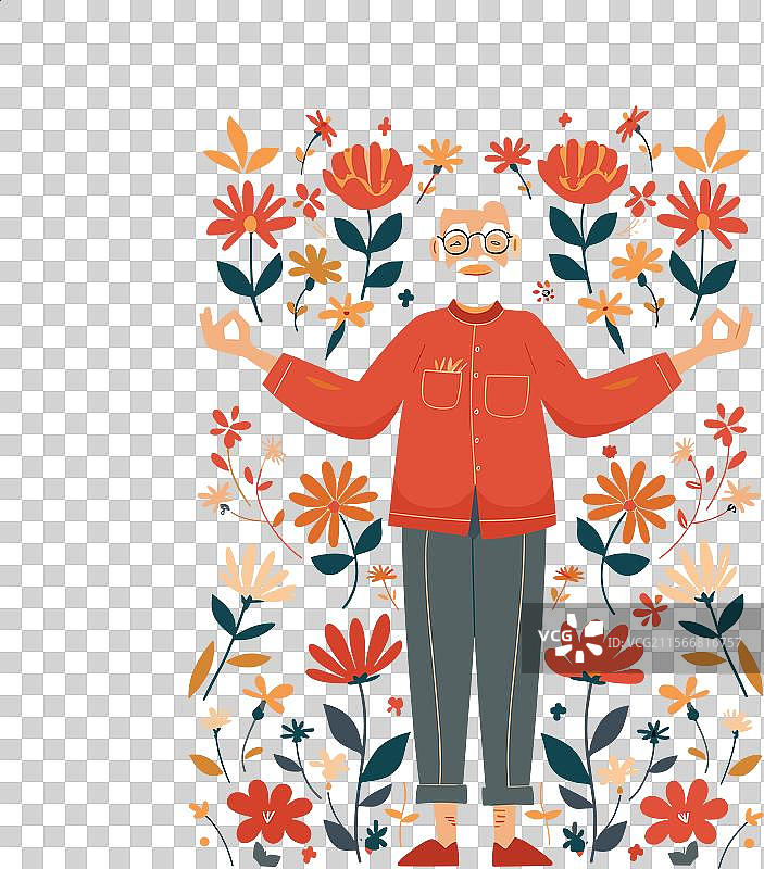 老年男子在花卉图案中冥想图片素材