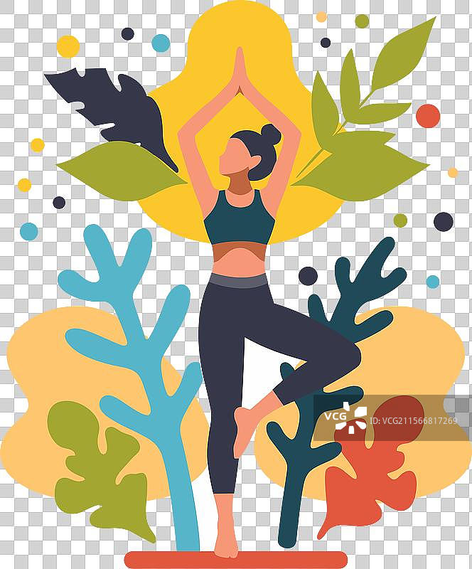 女性在练习树式瑜伽，充满活力图片素材