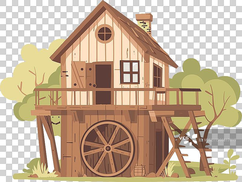 周围自然环境中的木制水车，卡通风格图片素材
