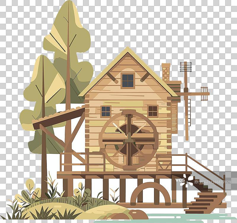 河边的木制水车被树木环绕图片素材