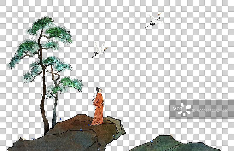 诗人登高远眺松树和仙鹤水墨画图片素材