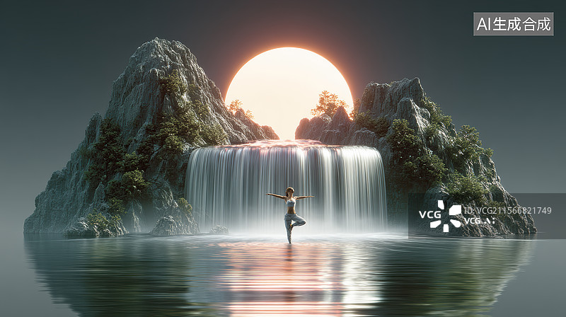 【AI数字艺术】日落瀑布上的瑜伽图片素材