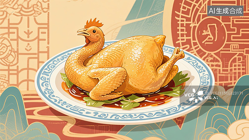 【AI数字艺术】中华美食，盐焗鸡，粤菜，美味，插画图片素材