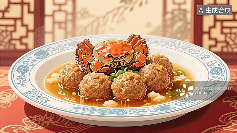 【AI数字艺术】中华美食，清炖蟹粉狮子头，美食，插画图片素材