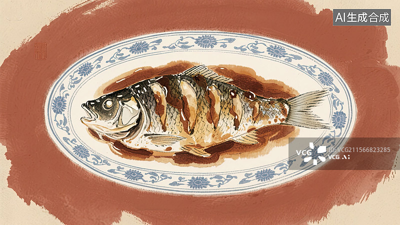 【AI数字艺术】中华美食，浙菜，西湖醋鱼，食物，插画图片素材