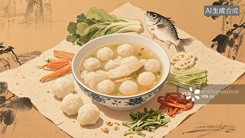 【AI数字艺术】中华美食，闽菜，食物，鱼丸汤，插画图片素材