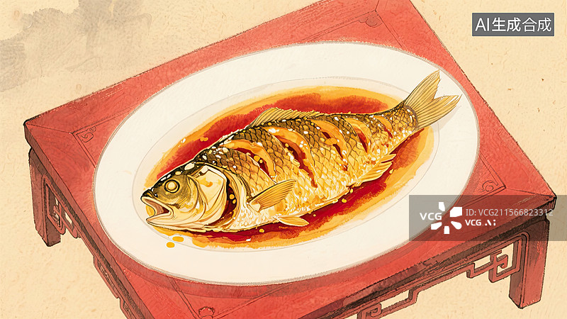 【AI数字艺术】中华美食，浙菜，西湖醋鱼，食物，插画图片素材
