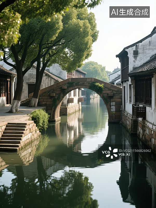 【AI数字艺术】江南水乡石桥与古建筑图片素材