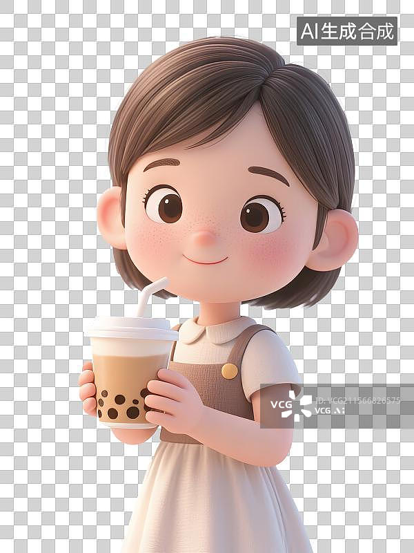 【AI数字艺术】可爱Q版女孩喝珍珠奶茶半身像，3D三维图形免抠元素图片素材