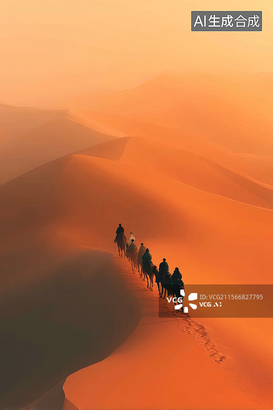 【AI数字艺术】金黄沙漠上的骆驼商队图片素材