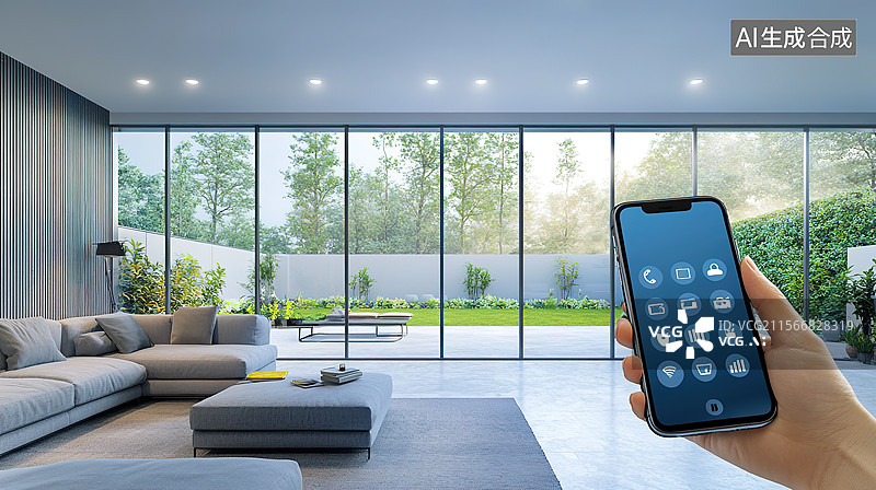 【AI数字艺术】手机远程控制现代客厅智能家居科技概念图片图片素材