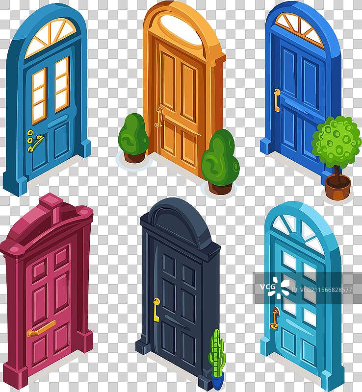 六扇独特的彩色等距门设计图片素材