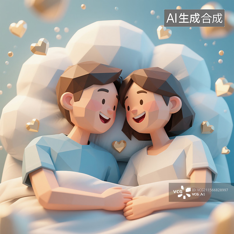 【AI数字艺术】低多边形风格情侣云端浪漫共枕场景图片素材