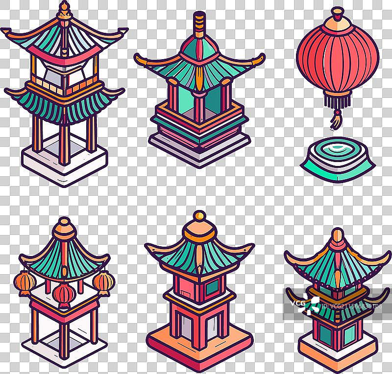 五彩缤纷的传统亚洲建筑与灯笼图片素材