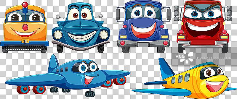 明亮欢快的车辆和带有面孔的飞机图片素材