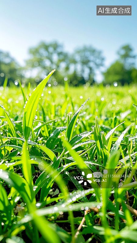 【AI数字艺术】春天早晨有露珠的嫩芽生气蓬勃特写插画背景配图图片素材