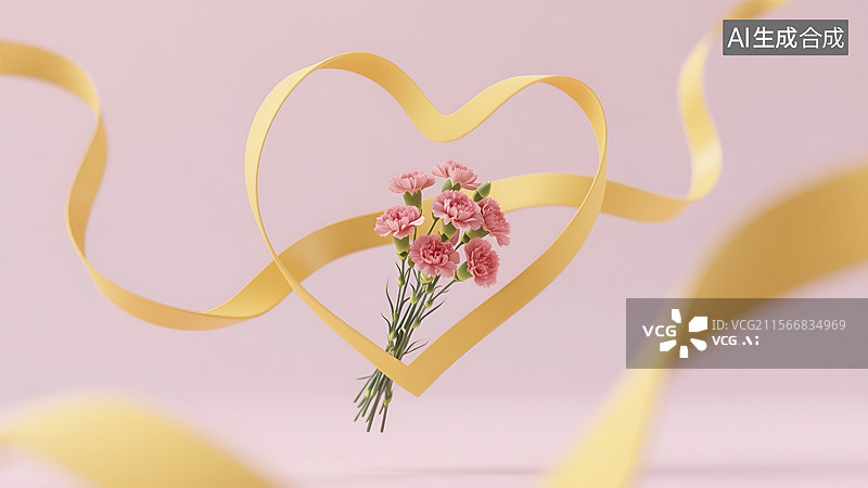 【AI数字艺术】粉色背景中黄丝带构成的心形与康乃馨图片素材