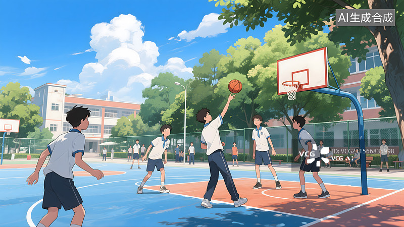 【AI数字艺术】青春校园篮球飞跃图片素材