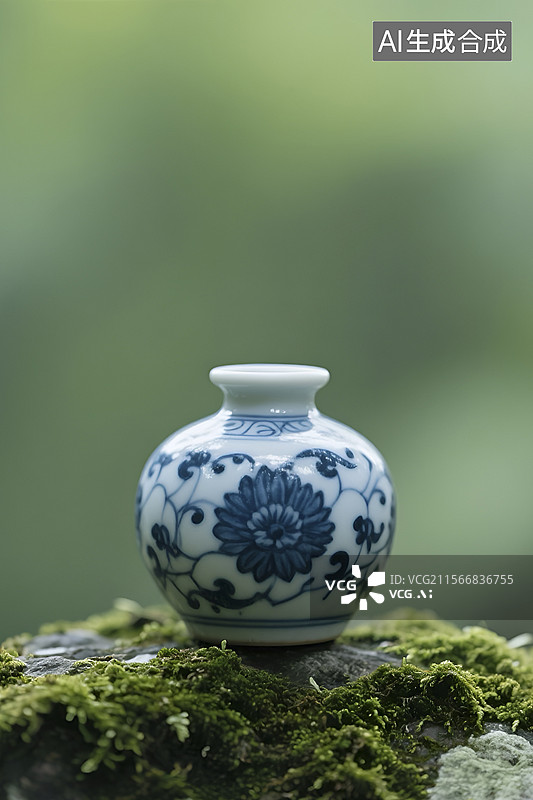 【AI数字艺术】青苔石上的蓝白青花瓷瓶图片素材