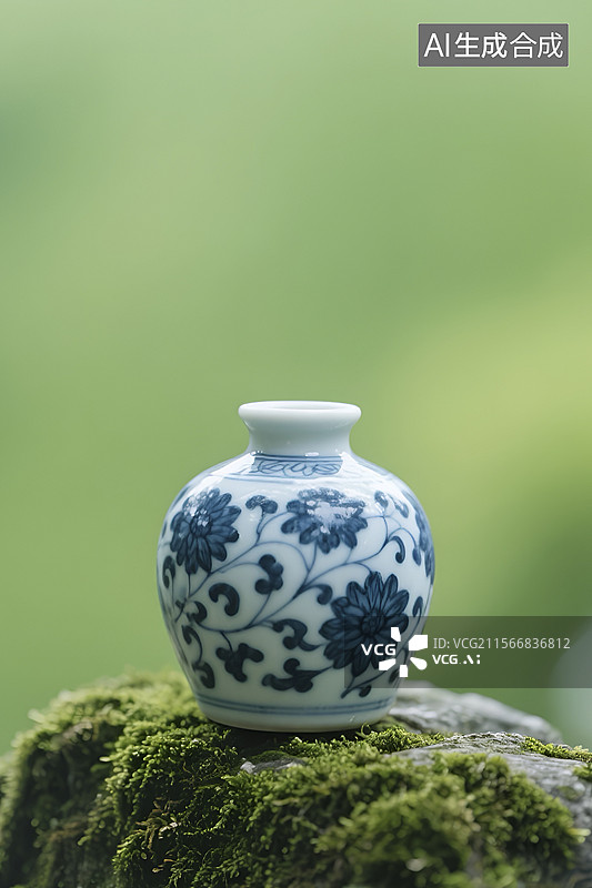 【AI数字艺术】青苔石上的蓝白青花瓷瓶图片素材