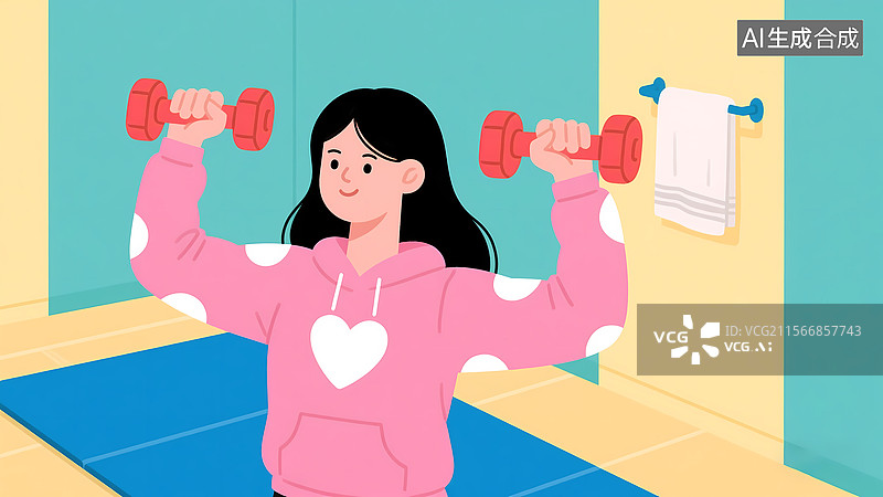 【AI数字艺术】女子穿粉衣举哑铃健身插画图片素材