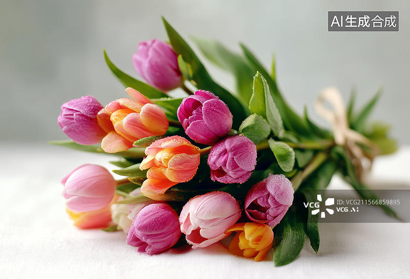 【AI数字艺术】白色桌面上色彩缤纷的郁金香花束图片素材