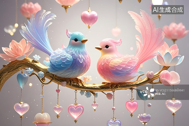 【AI数字艺术】梦幻爱情鸟儿栖枝图片素材