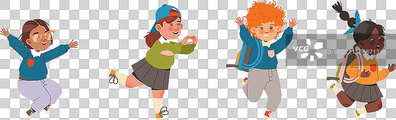 背着书包的男孩和女孩在欢呼，都是一年级学生。图片素材
