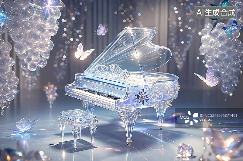【AI数字艺术】水晶钢琴梦幻场景图片素材