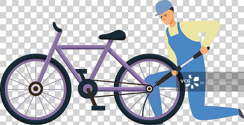 自行车修理工用手动泵给轮胎充气图片素材