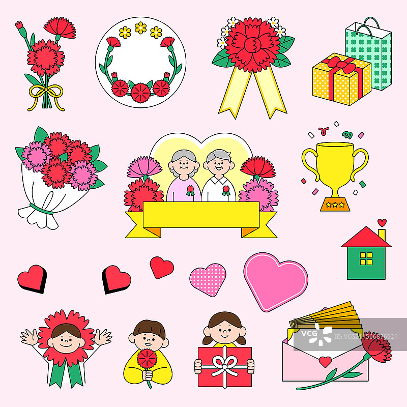 一组色彩缤纷的图标，适用于家庭庆祝活动，包含花朵、礼物和真挚的祝福。图片素材