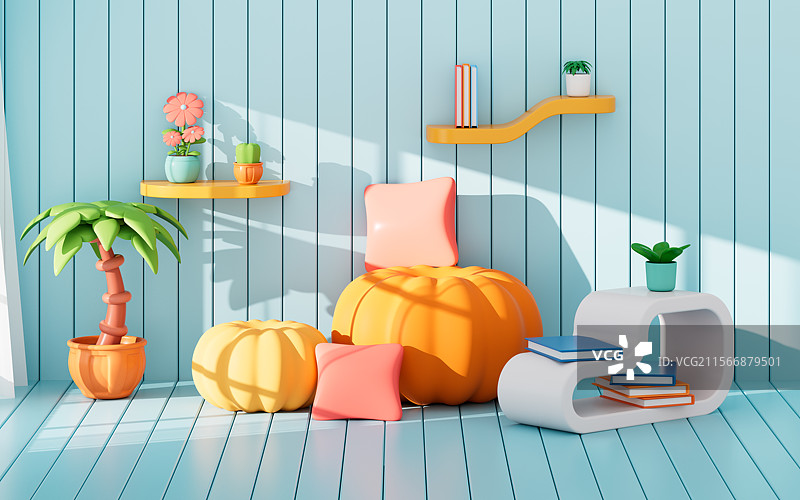 卡通温馨的客厅室内场景3D渲染图片素材