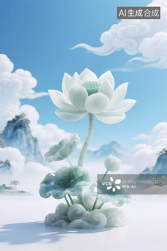 【AI数字艺术】高也玉石质感夏天荷花美玉图片素材