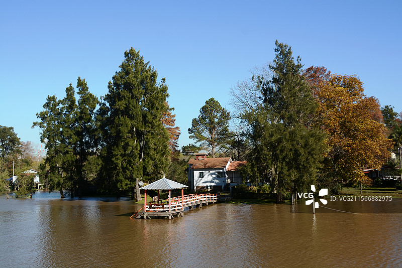 南美阿根廷阿根廷 布宜诺斯艾利斯水域风光游船大树小屋异国风景图片素材
