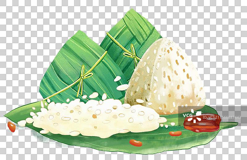 端午节粽子插画元素 粽叶上的粽子和散落的糯米 红枣图片素材