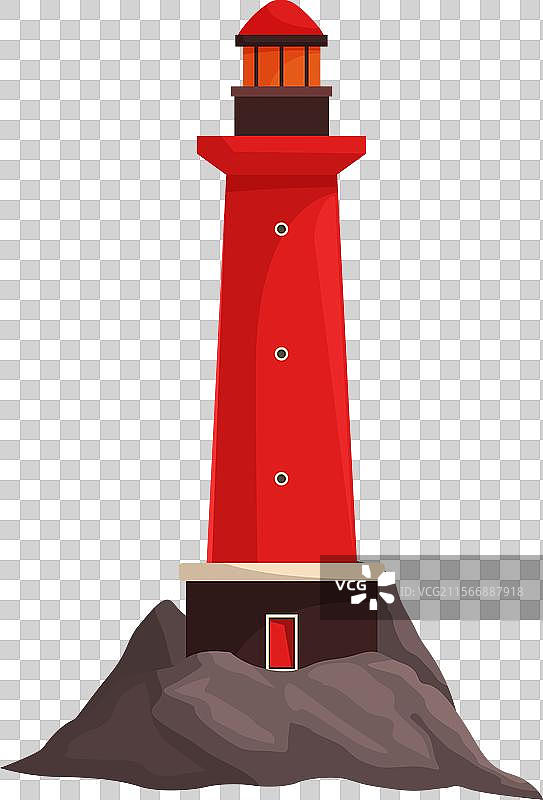 红色灯塔矗立在岩石上，引导船只航行。图片素材