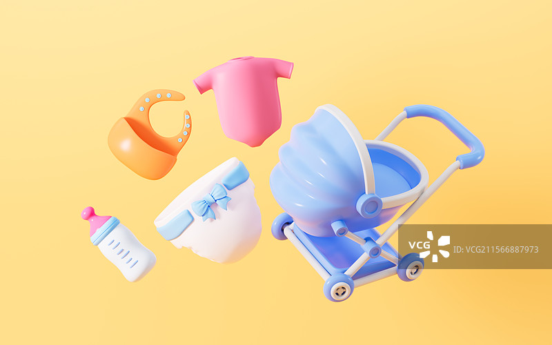 婴儿推车尿不湿奶瓶等婴儿用品3D渲染图片素材