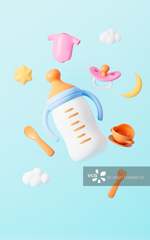 婴儿连体衣和奶瓶等婴儿用品3D渲染图片素材