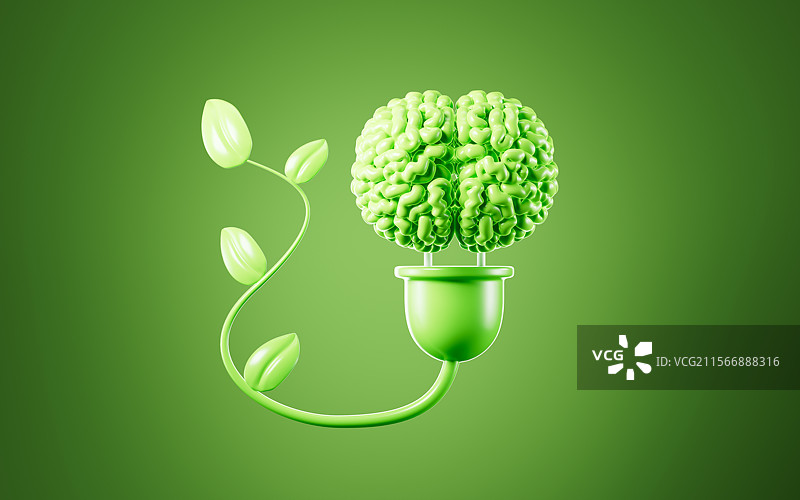 绿色植物给大脑充电净化大脑3D渲染图片素材