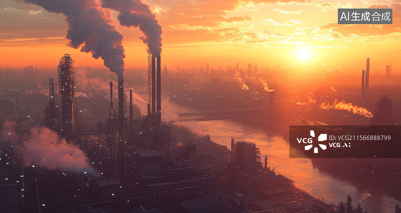 【AI数字艺术】日出时的工业工厂全景图片素材