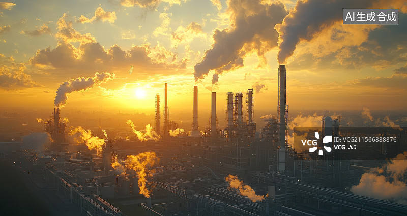 【AI数字艺术】日出时的工业工厂全景图片素材