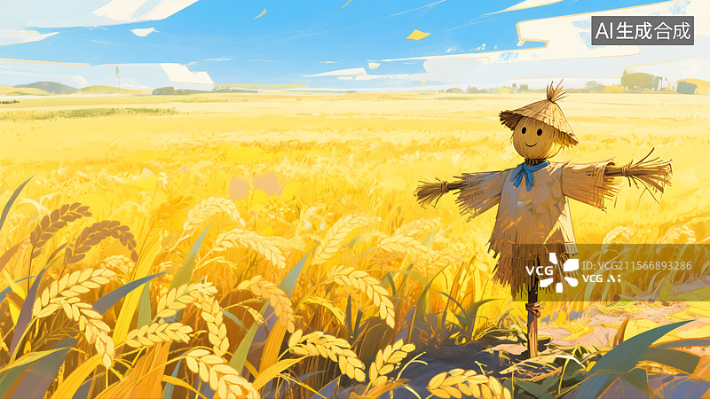 【AI数字艺术】秋天稻草人田野风景插画图片素材