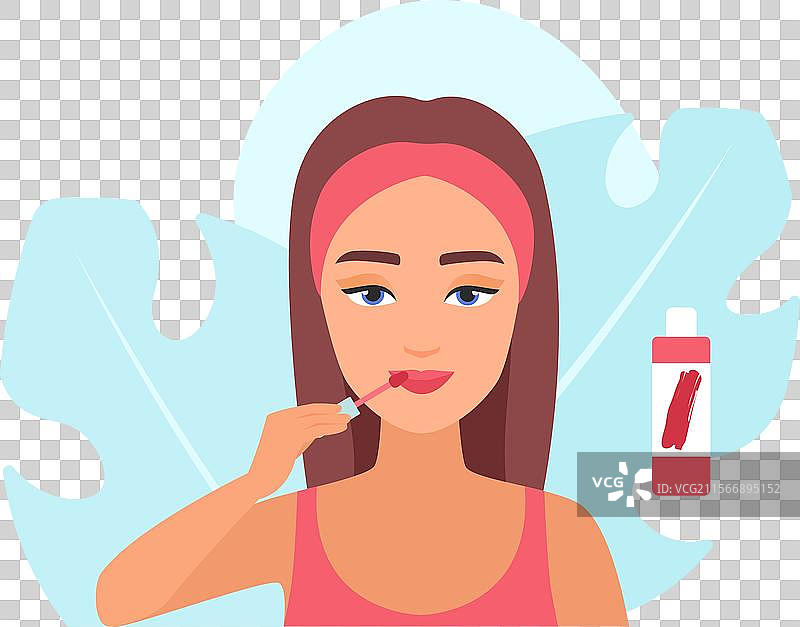 女孩用刷子涂抹红色口红在嘴唇上图片素材